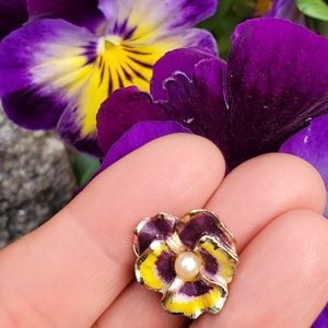 Vintage Pansies & Faux Pearl Flower Brooch Yellow Purple Lapel Small
